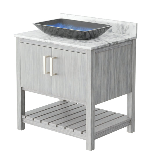 30-inch Novatto bath vanity with Carrara white marble counter and sink, modern bathroom accessory with sleek design