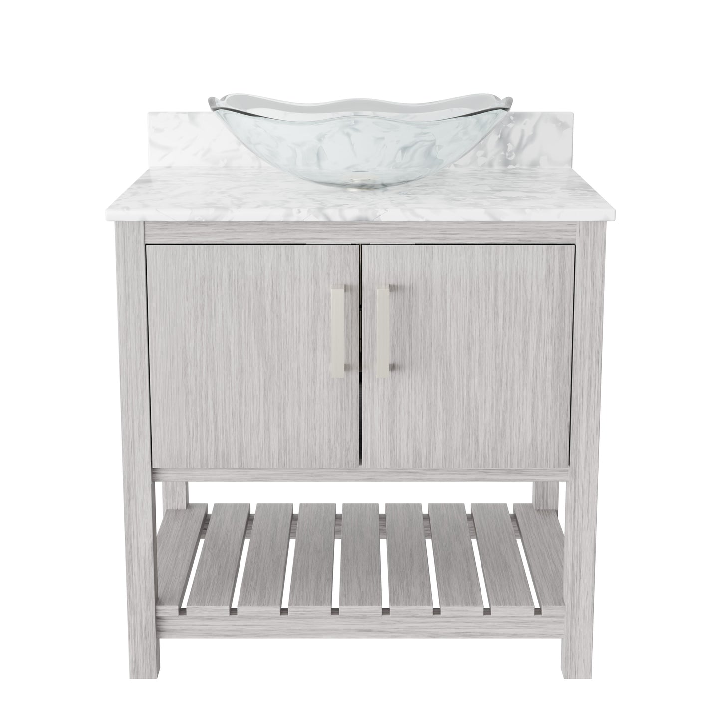 30-inch Novatto bath vanity with Carrara white marble countertop and integrated sink, modern bathroom accessory.
