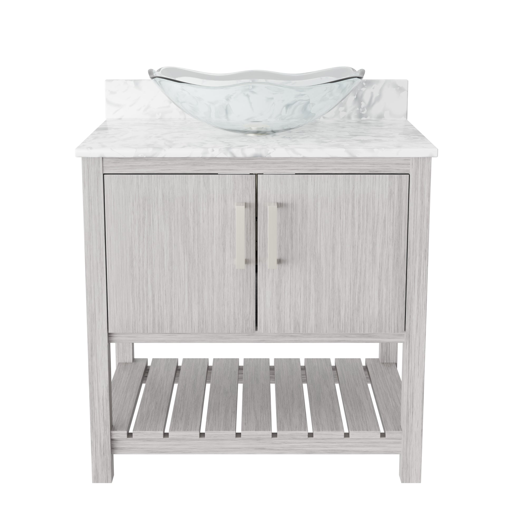 30-inch Novatto bath vanity with Carrara white marble countertop and integrated sink, modern bathroom accessory.
