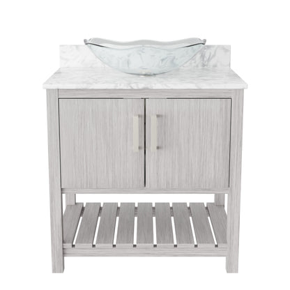 30-inch Novatto bath vanity with Carrara white marble countertop and integrated sink, modern bathroom accessory.