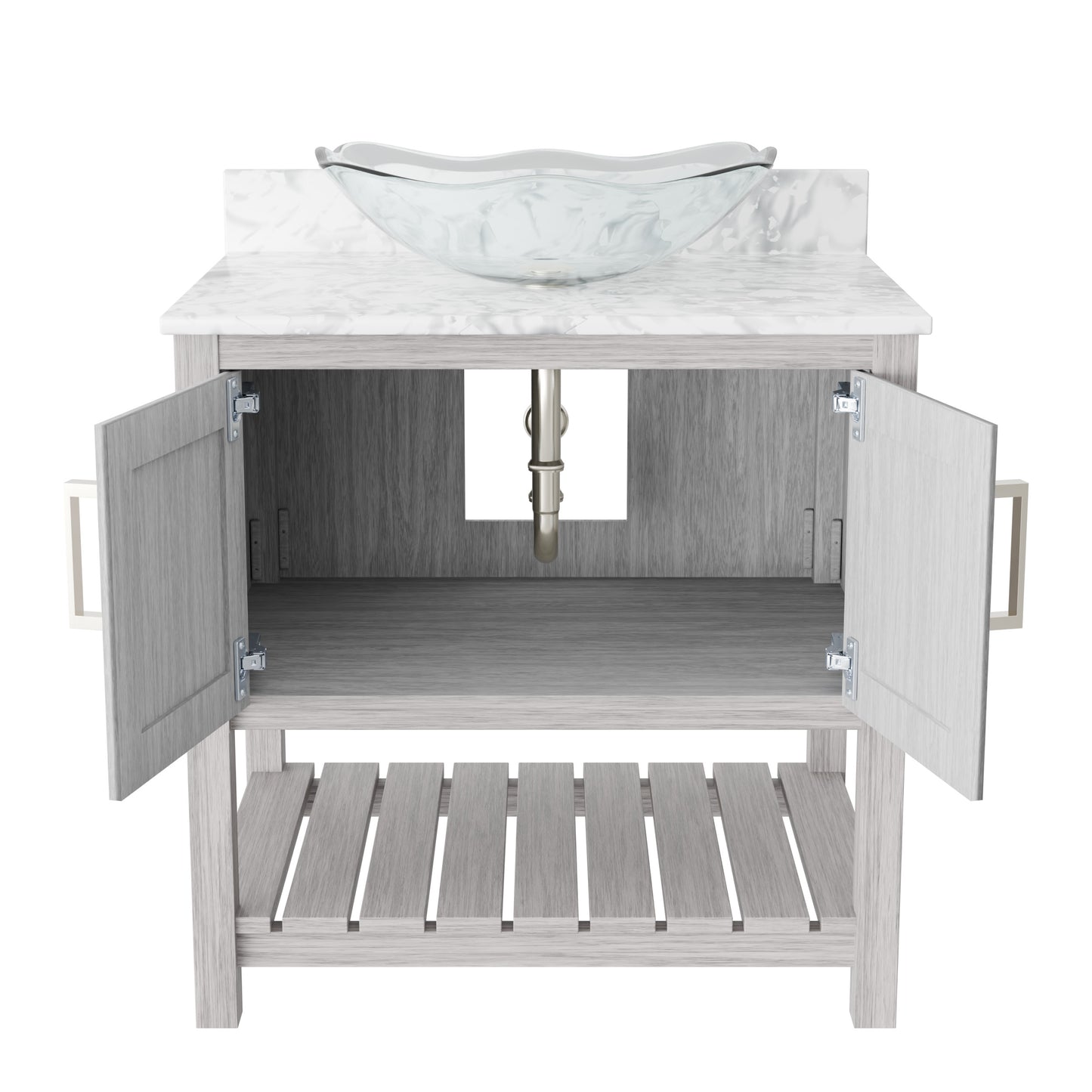 30-inch Novatto bath vanity with Carrara white marble counter and integrated sink, showcasing elegant bathroom accessory design.