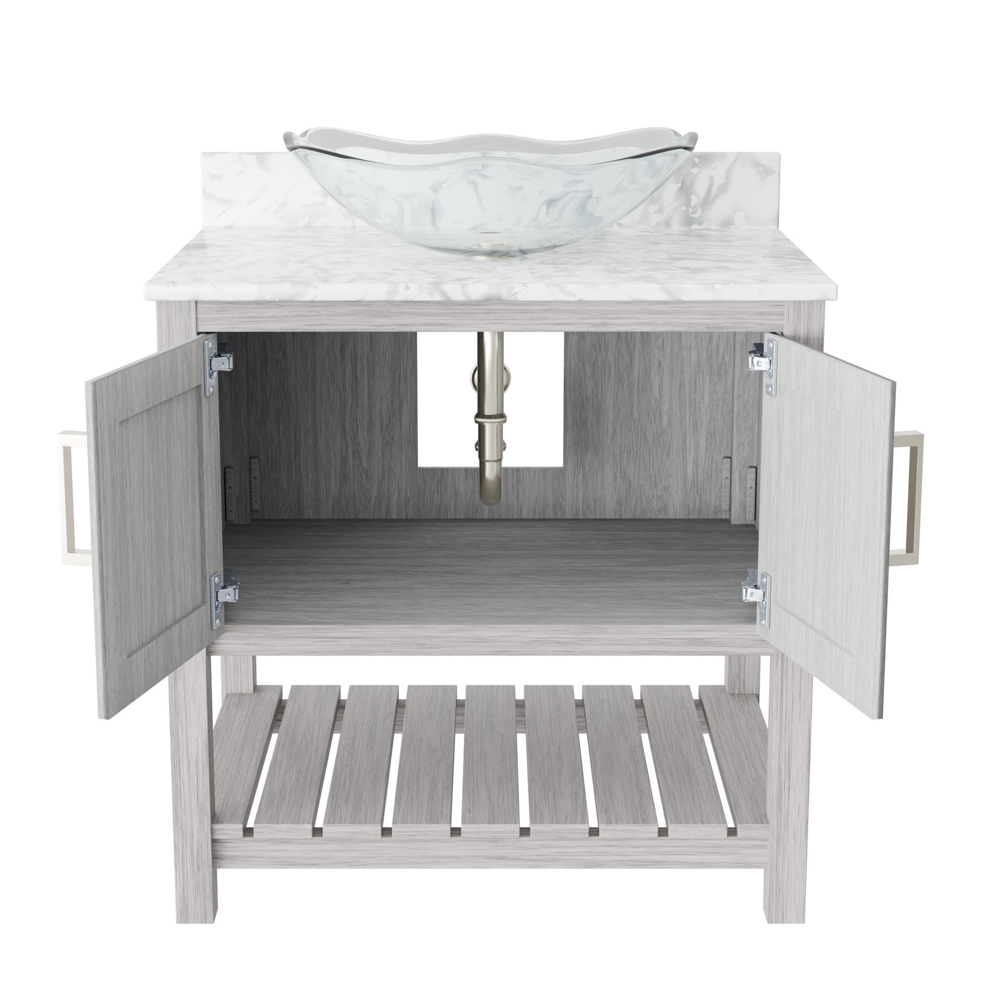 30-inch Novatto bath vanity with Carrara white marble counter and integrated sink, showcasing elegant bathroom accessory design.