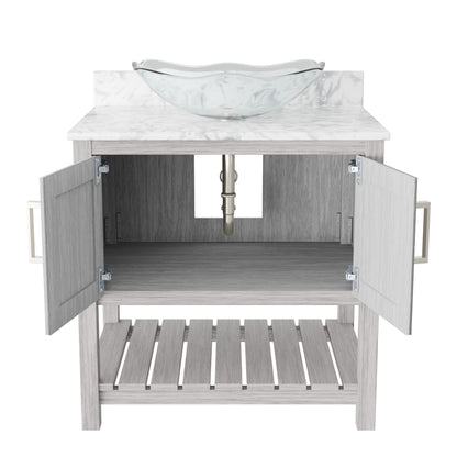 30-inch Novatto bath vanity with Carrara white marble counter and integrated sink, showcasing elegant bathroom accessory design.