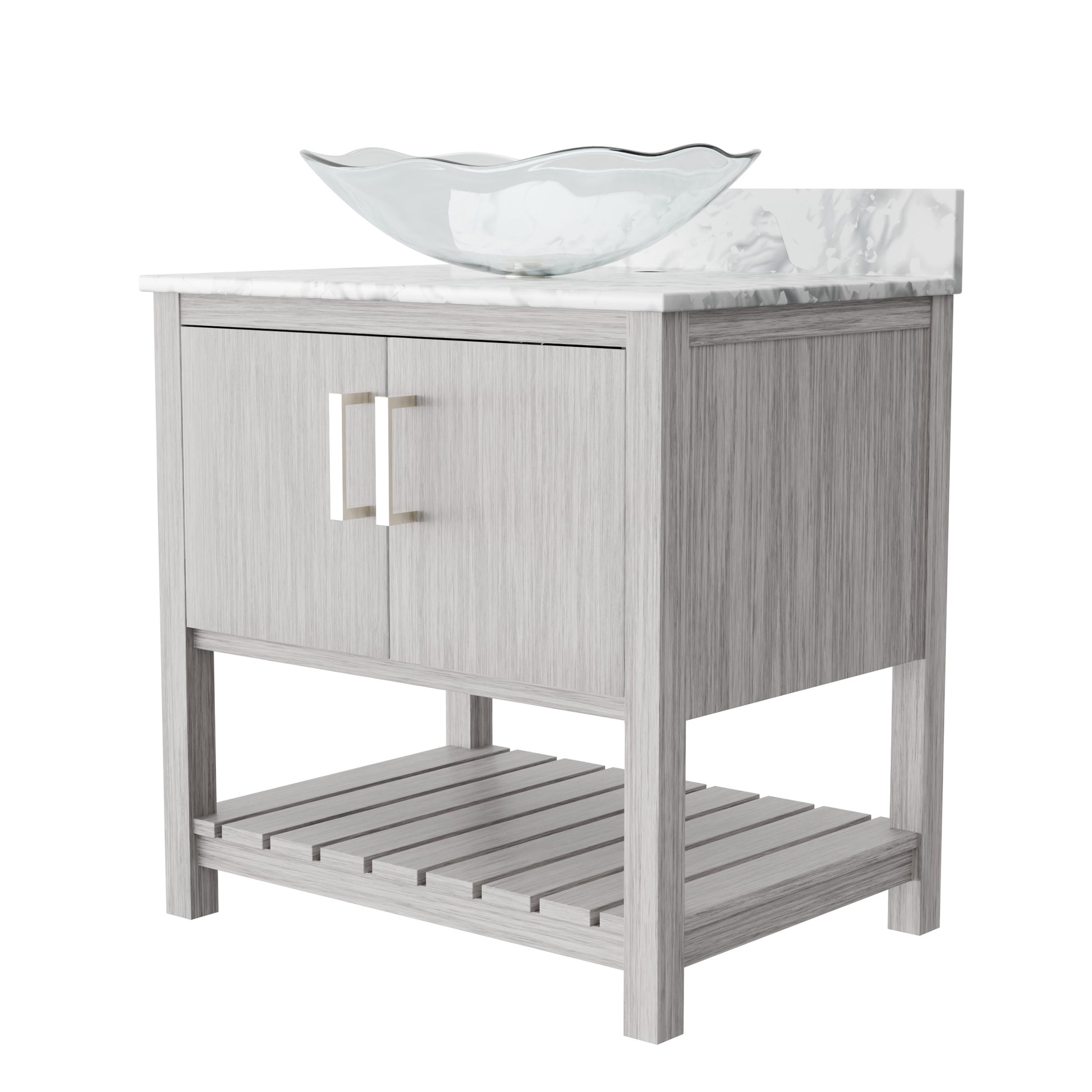 30-inch Novatto bath vanity with Carrara white marble counter and sink, showcasing sleek bathroom accessory design.