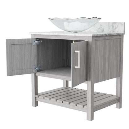 30-inch Novatto bath vanity with Carrara white marble counter and sink, showing the elegant vanity design and marble surface.
