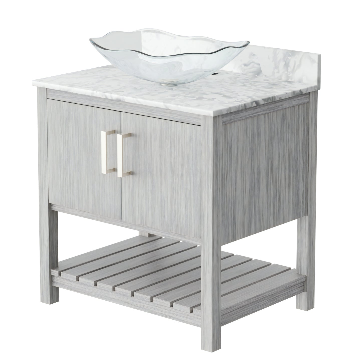 30-inch Novatto bath vanity with Carrara white marble countertop and integrated sink, showcasing elegant bathroom accessory design.