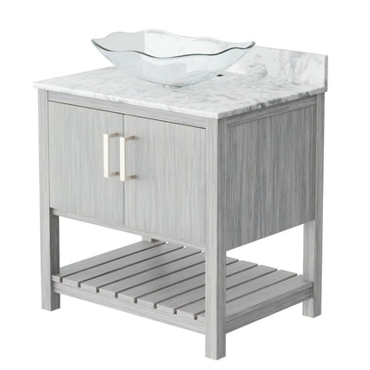 30-inch Novatto bath vanity with Carrara white marble countertop and integrated sink, showcasing elegant bathroom accessory design.