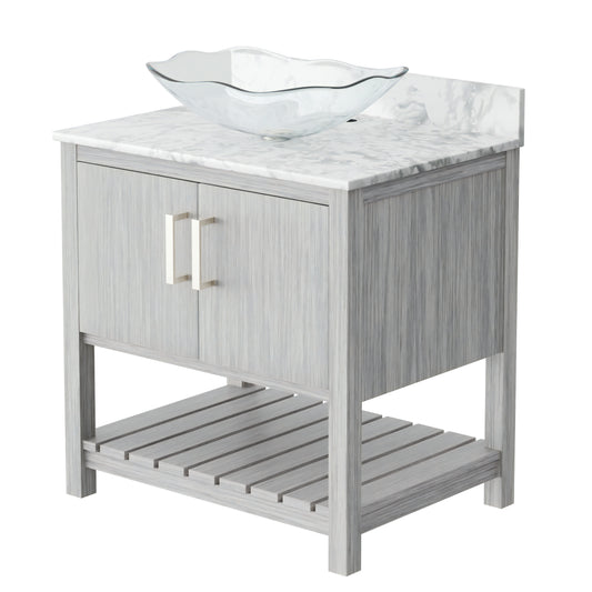 30-inch Novatto bath vanity with Carrara white marble countertop and integrated sink, showcasing elegant bathroom accessory design.