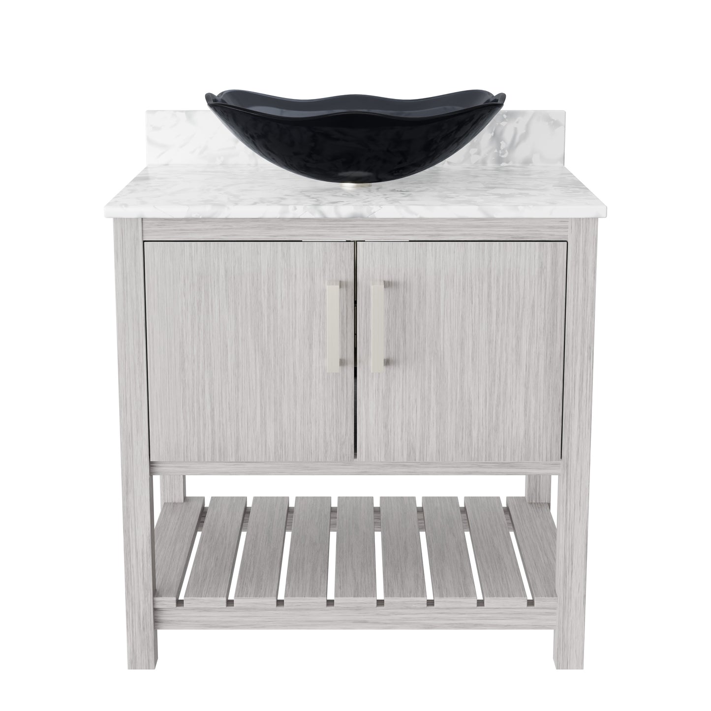 30-inch Novatto bath vanity with Carrara white marble counter and integrated sink, showcasing a sleek bathroom accessory.