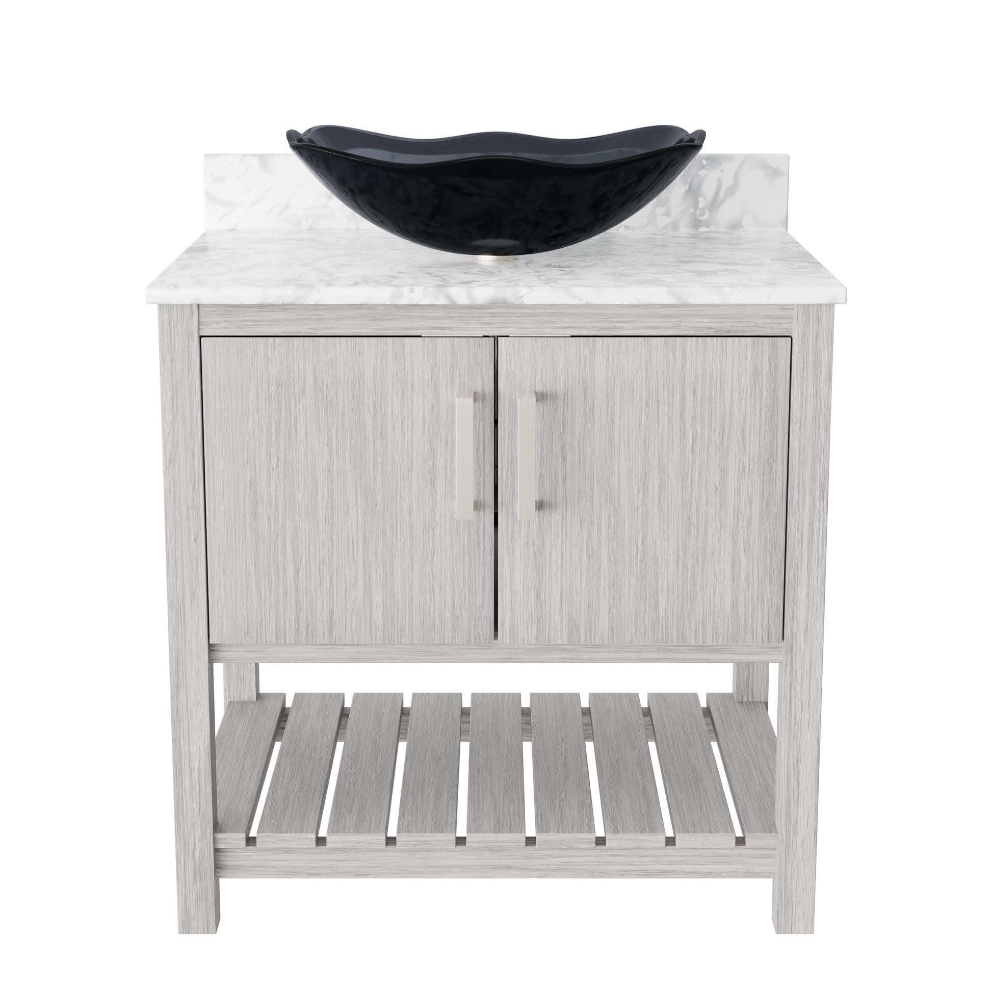30-inch Novatto bath vanity with Carrara white marble counter and integrated sink, showcasing a sleek bathroom accessory.