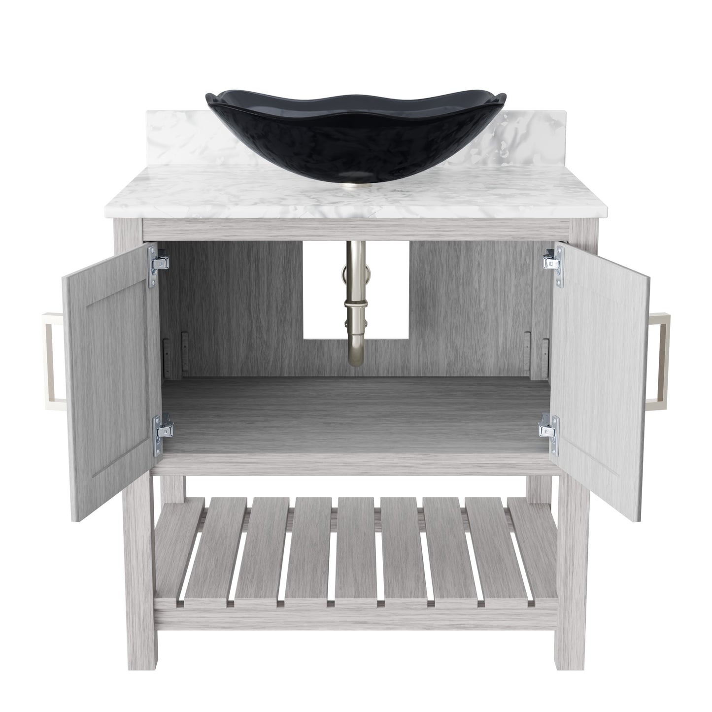 30-inch Novatto bath vanity with Carrara white marble countertop and sink, showcasing elegant bathroom accessory design.