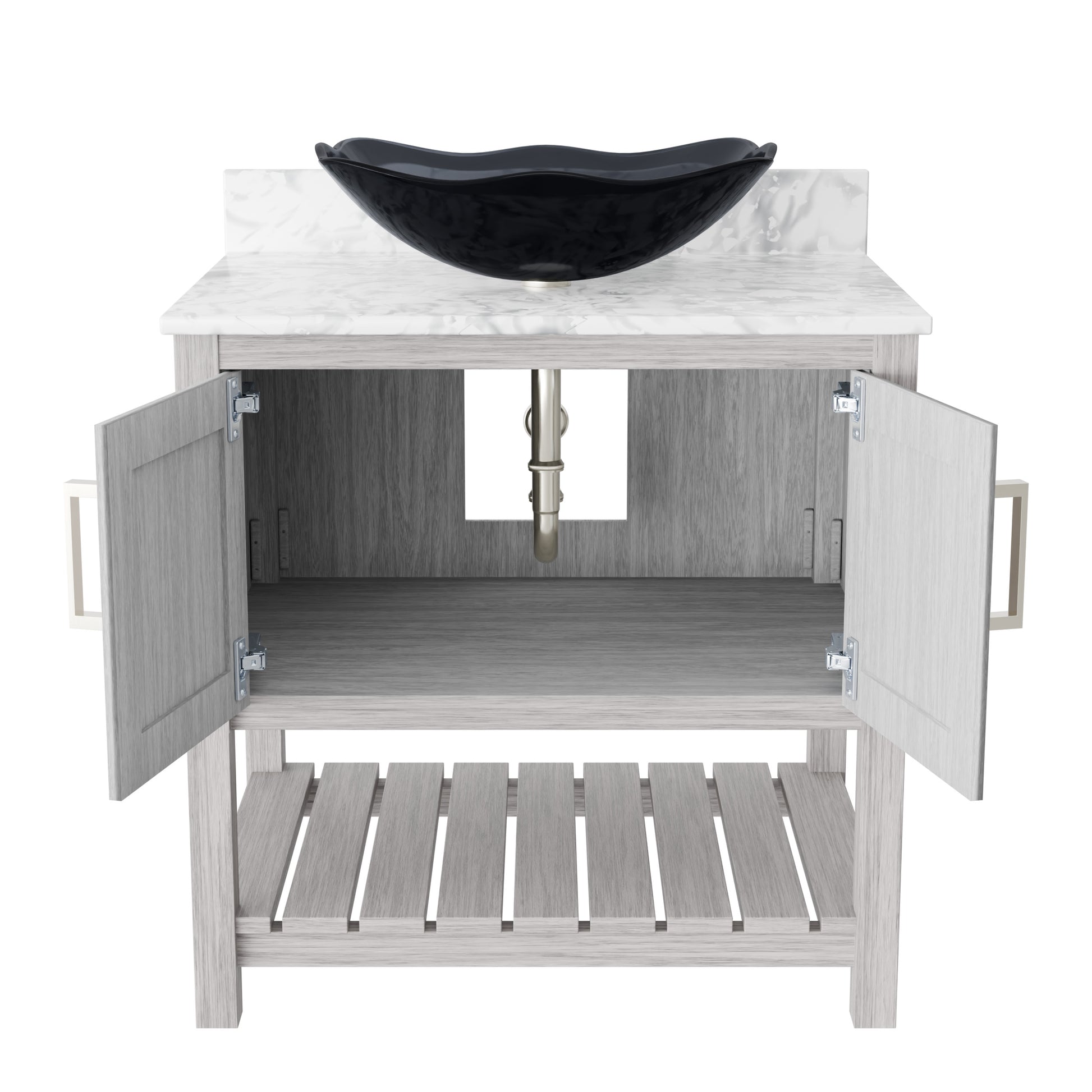 30-inch Novatto bath vanity with Carrara white marble countertop and sink, showcasing elegant bathroom accessory design.
