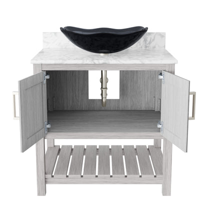 30-inch Novatto bath vanity with Carrara white marble countertop and sink, showcasing elegant bathroom accessory design.