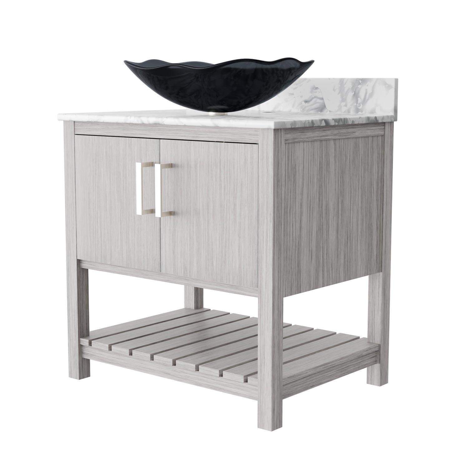 Novatto 30-inch bath vanity with Carrara white marble countertop and sink, showcasing sleek bathroom accessory design