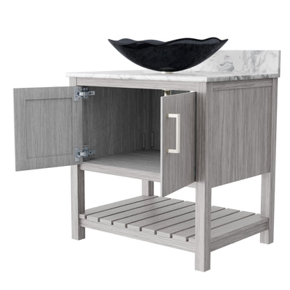 30-inch Novatto bath vanity with Carrara white marble countertop and sink, showcasing elegant bathroom accessory design.