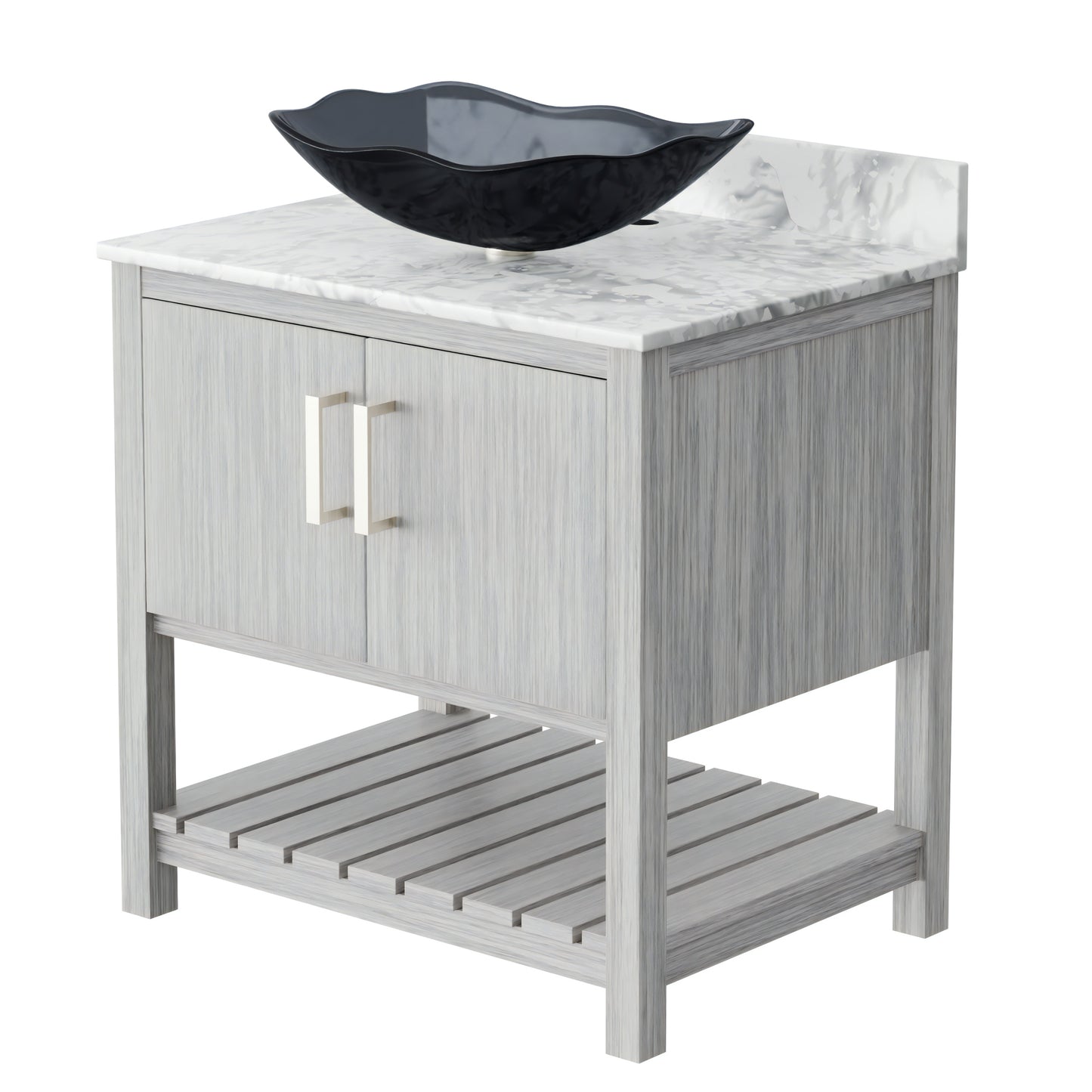 Novatto 30-inch bath vanity with Carrara white marble counter and sink, featuring a sleek modern design and durable accessories.