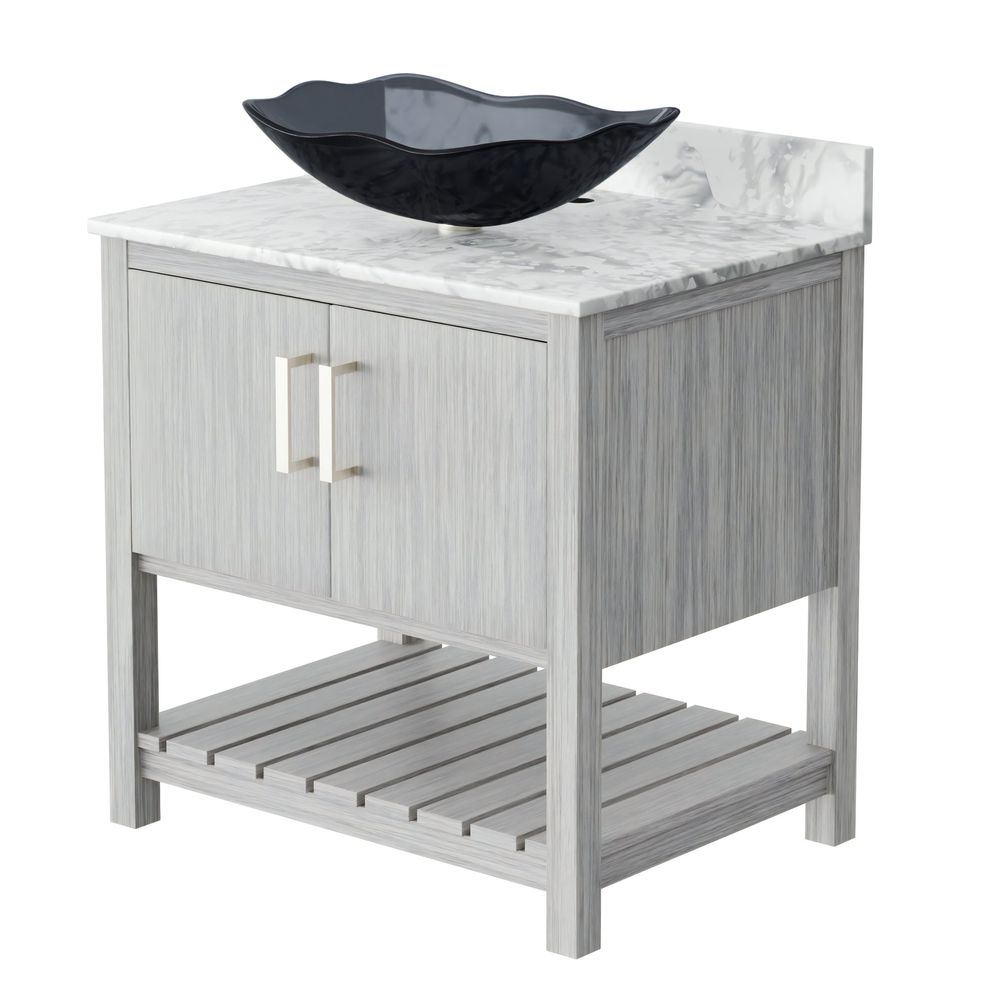Novatto 30-inch bath vanity with Carrara white marble counter and sink, featuring a sleek modern design and durable accessories.
