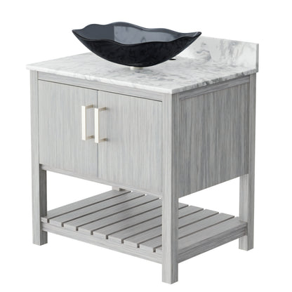 Novatto 30-inch bath vanity with Carrara white marble counter and sink, featuring a sleek modern design and durable accessories.
