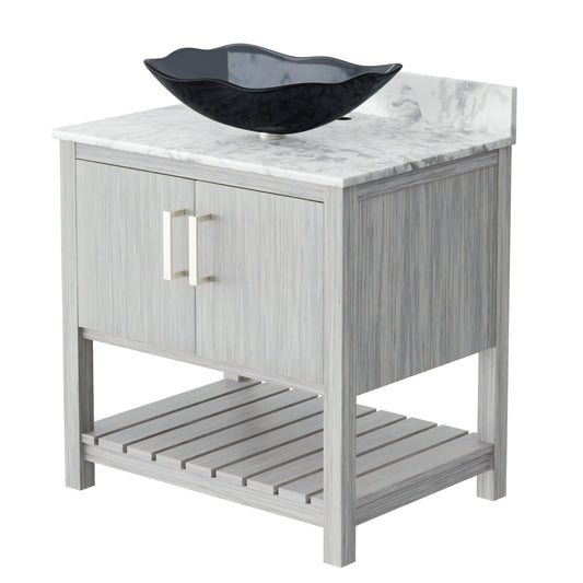 Novatto 30-inch bath vanity with Carrara white marble counter and sink, featuring a sleek modern design and durable accessories.
