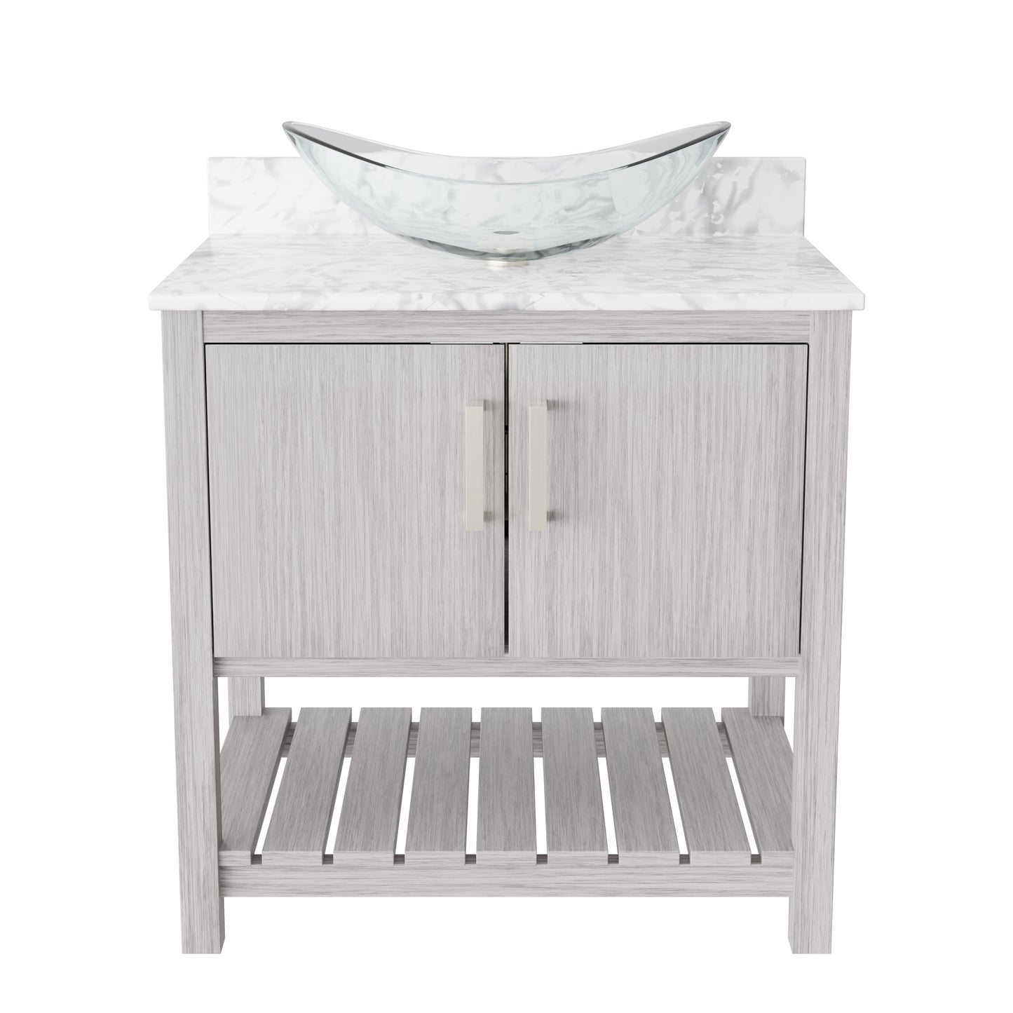 30-inch Novatto bath vanity with Carrara white marble counter and integrated sink, showcasing elegant bathroom accessory design.