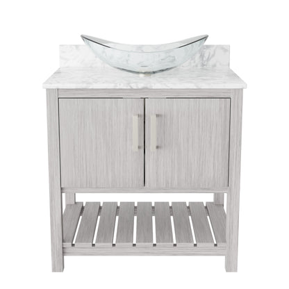 30-inch Novatto bath vanity with Carrara white marble counter and integrated sink, showcasing elegant bathroom accessory design.