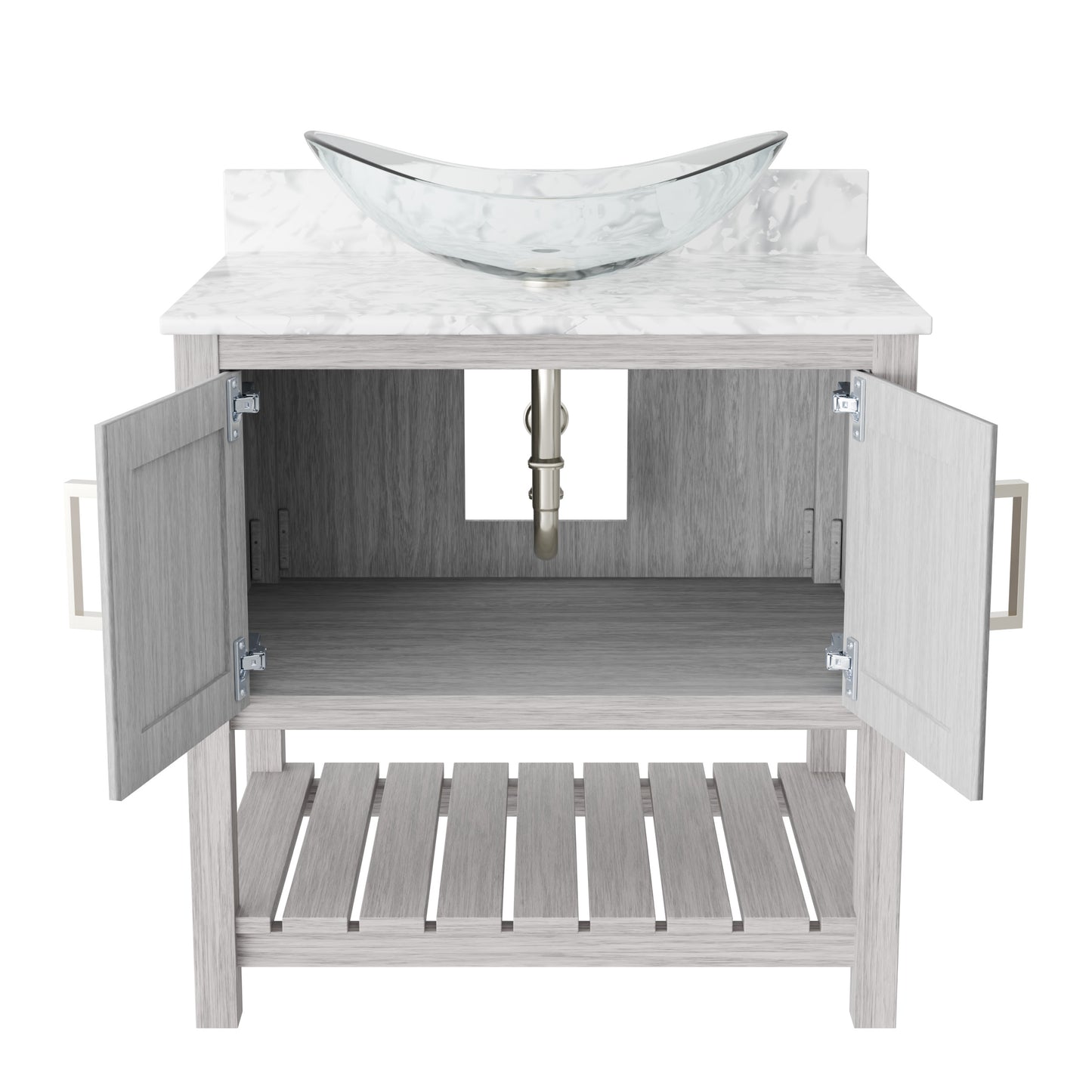 30-inch Novatto bath vanity with Carrara white marble countertop and sink, showcasing elegant bathroom accessory design.