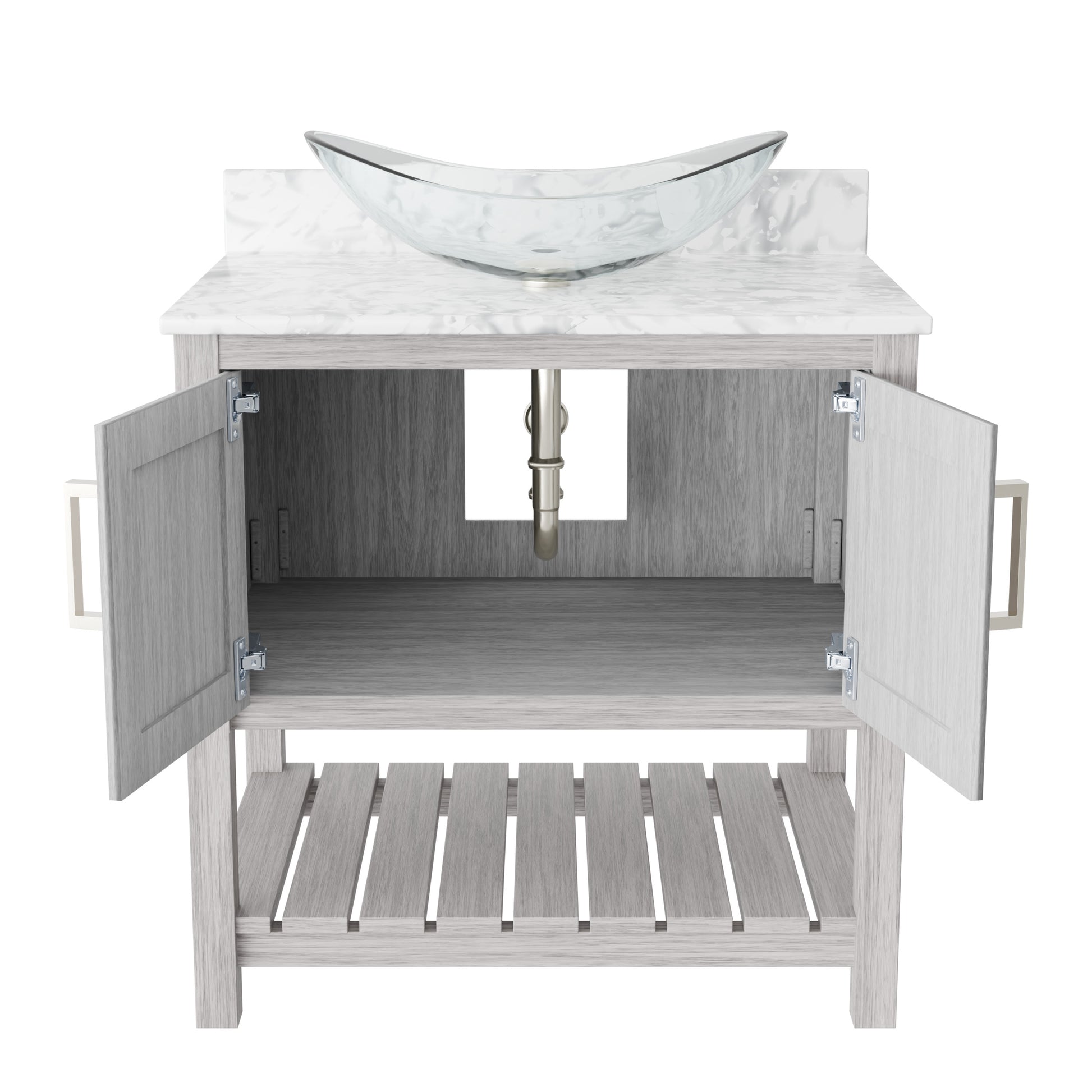 30-inch Novatto bath vanity with Carrara white marble countertop and sink, showcasing elegant bathroom accessory design.