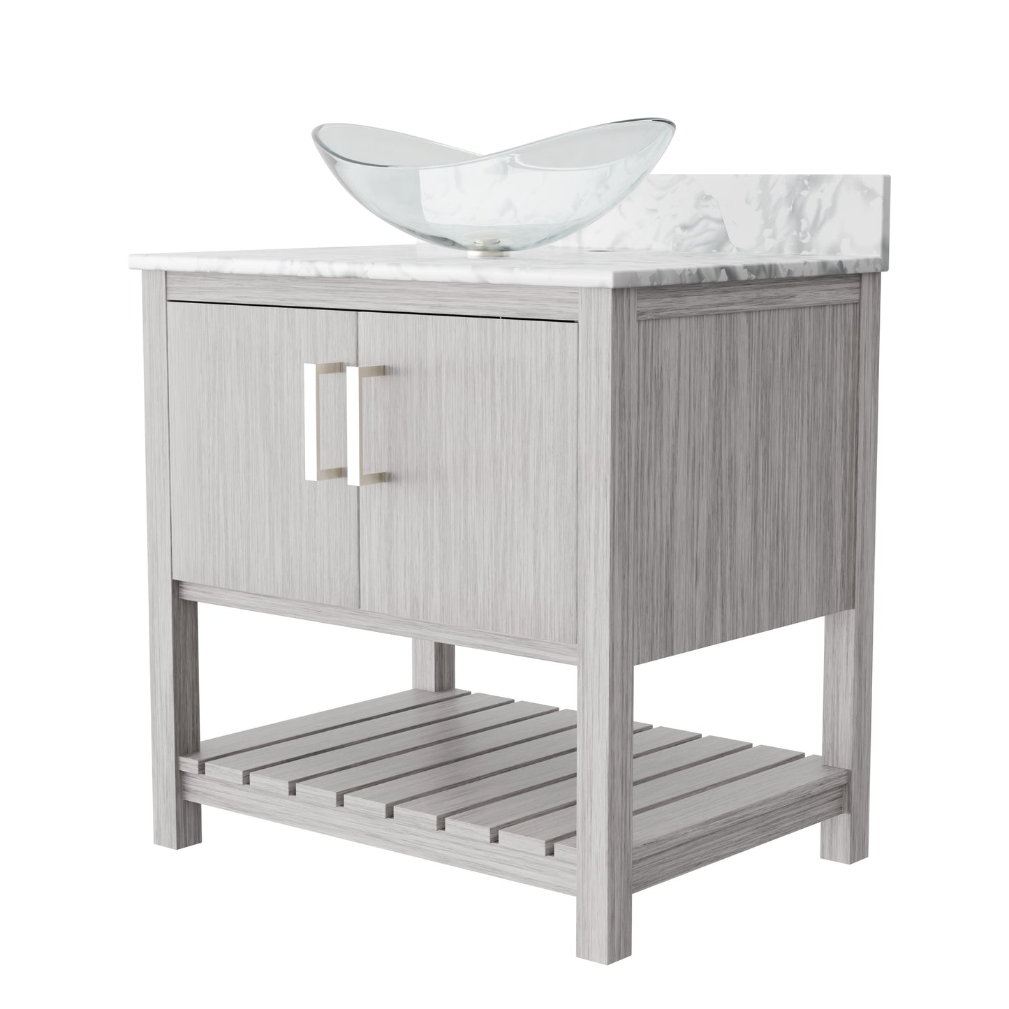 30-inch Novatto bath vanity with Carrara white marble countertop and sink, shown from a front view.