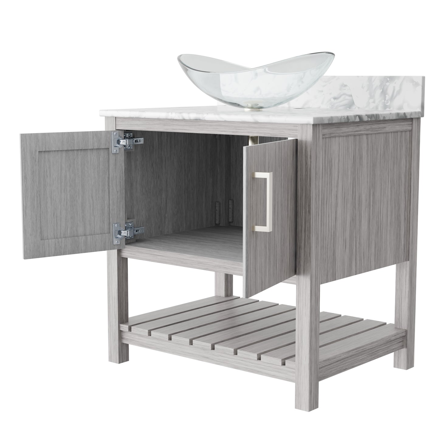 Novatto 30-inch bathroom vanity with Carrara white marble counter and integrated sink, showcasing elegant bathroom accessory design.