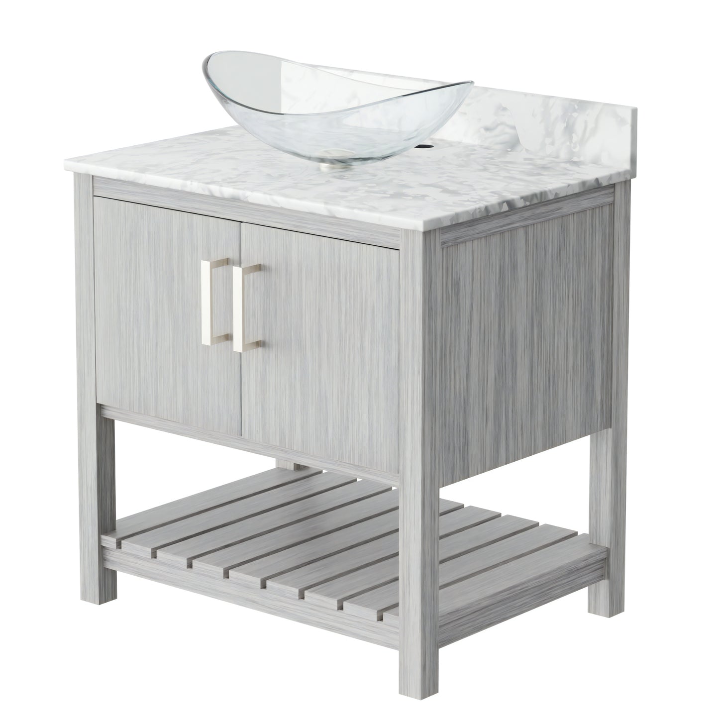 30-inch Novatto bath vanity with Carrara white marble countertop and sink, showcasing elegant bathroom accessory design.