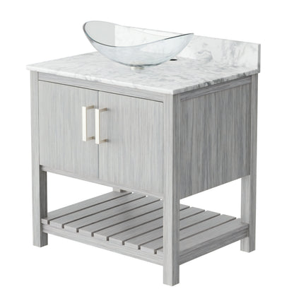 30-inch Novatto bath vanity with Carrara white marble countertop and sink, showcasing elegant bathroom accessory design.