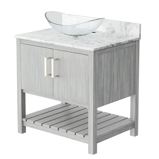 30-inch Novatto bath vanity with Carrara white marble countertop and sink, showcasing elegant bathroom accessory design.