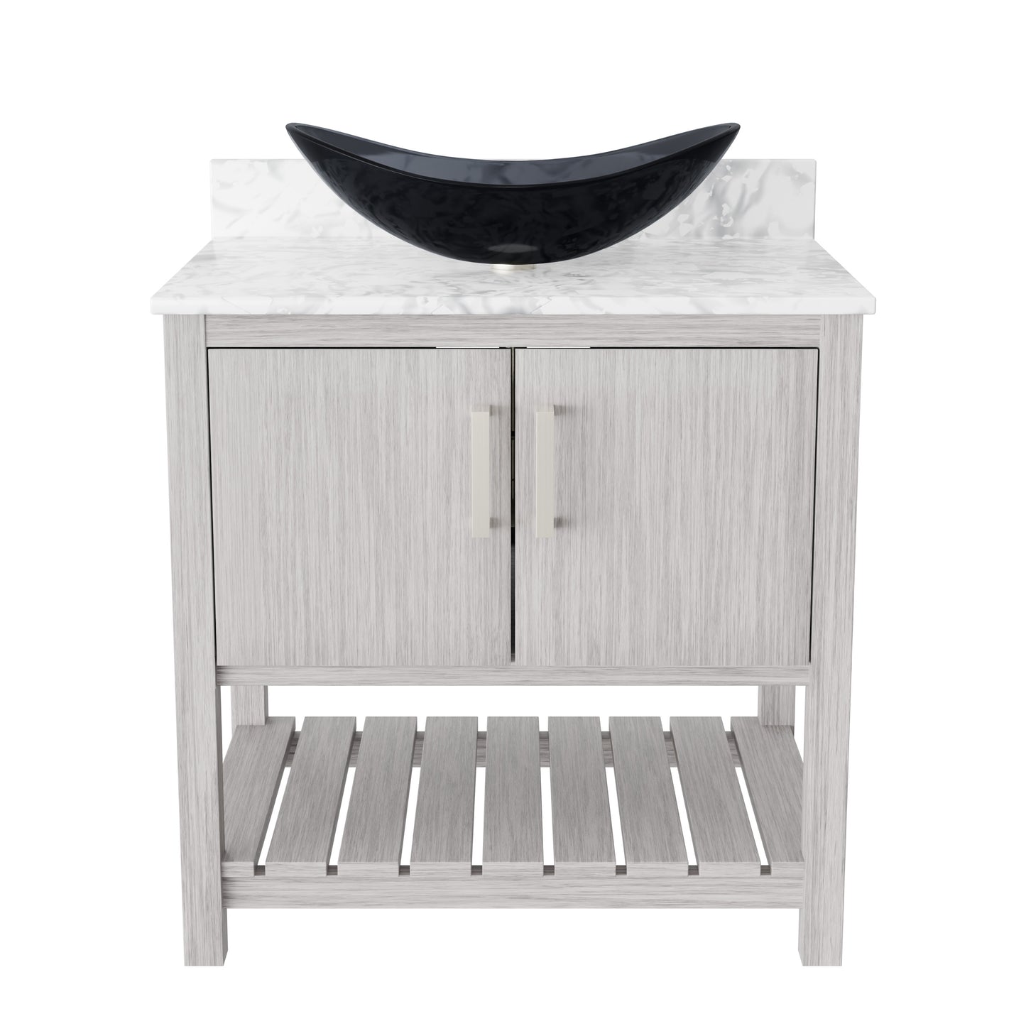 30-inch Novatto bath vanity with Carrara white marble countertop and sink, featuring elegant modern bathroom accessory design.