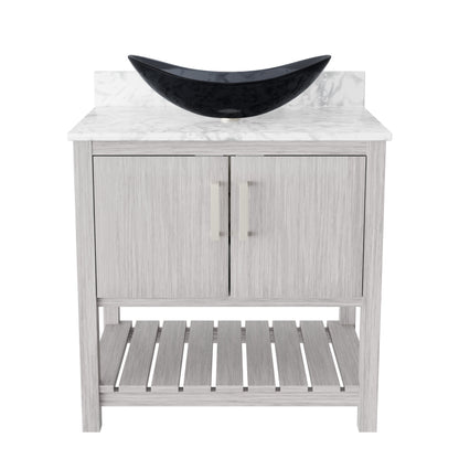 30-inch Novatto bath vanity with Carrara white marble countertop and sink, featuring elegant modern bathroom accessory design.
