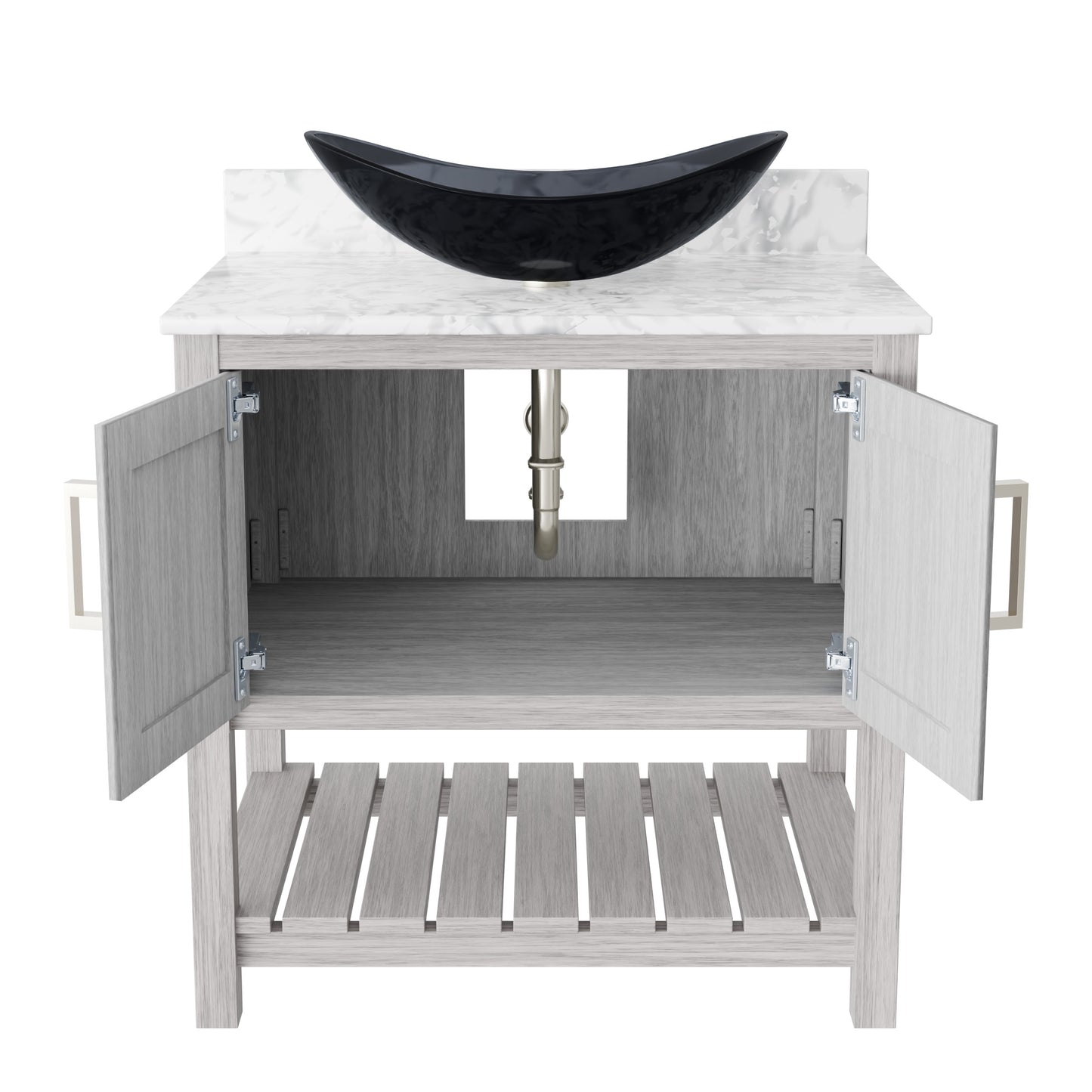 30-inch Novatto bath vanity with Carrara white marble top and sink, showcasing elegant bathroom accessory design.