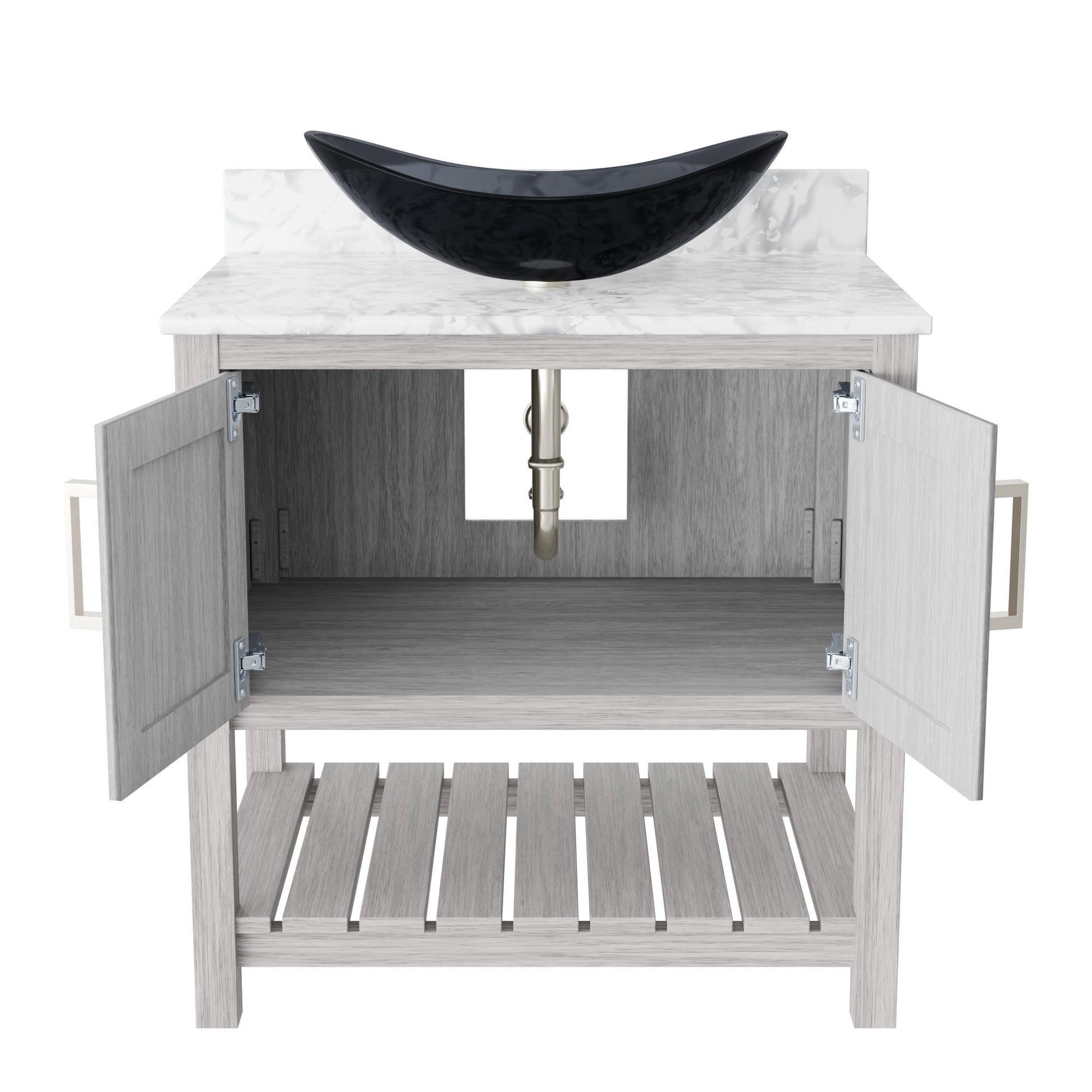 30-inch Novatto bath vanity with Carrara white marble top and sink, showcasing elegant bathroom accessory design.