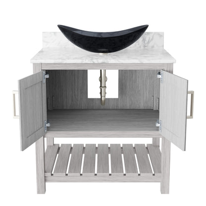 30-inch Novatto bath vanity with Carrara white marble top and sink, showcasing elegant bathroom accessory design.