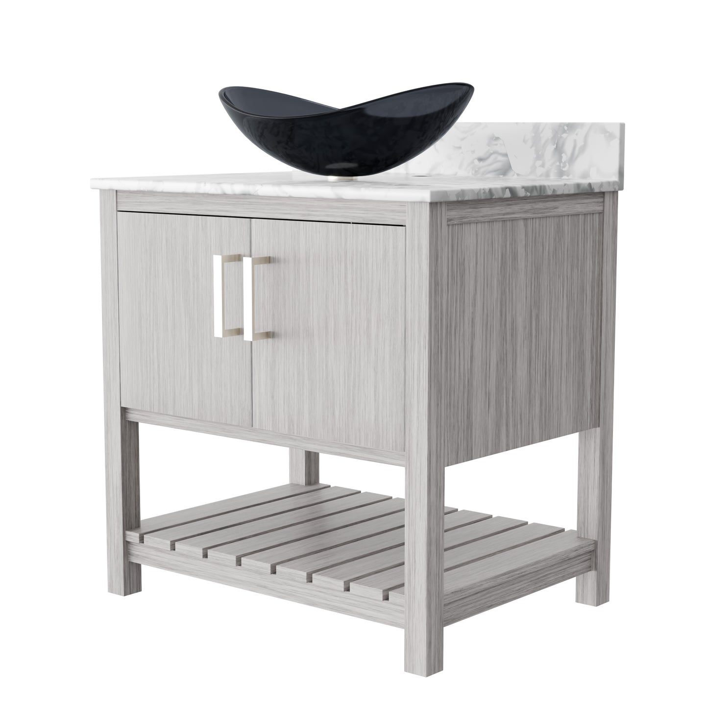 30-inch Novatto bath vanity with Carrara white marble counter and integrated sink, showcasing elegant bathroom accessory design.
