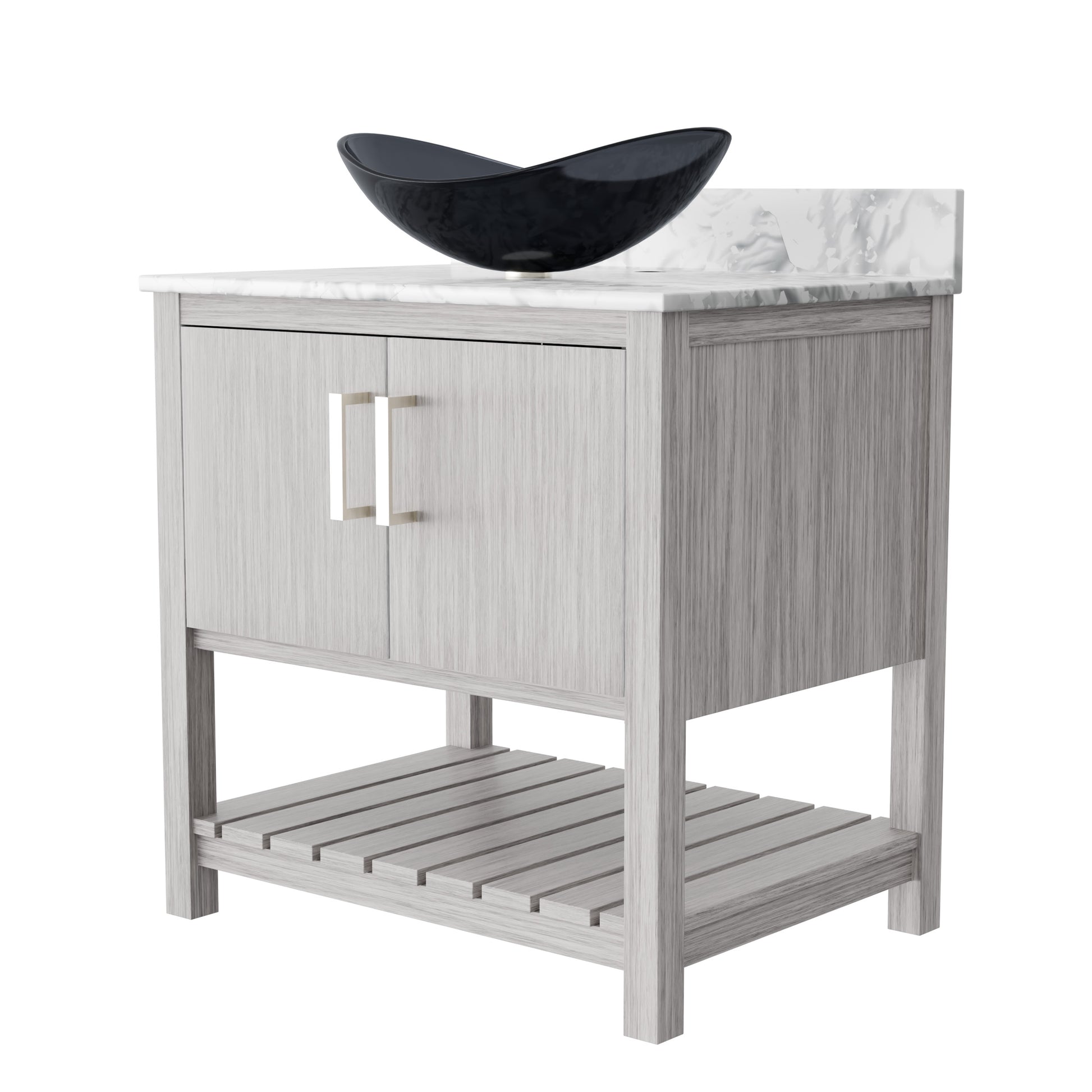 30-inch Novatto bath vanity with Carrara white marble counter and integrated sink, showcasing elegant bathroom accessory design.