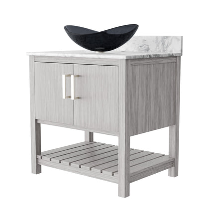30-inch Novatto bath vanity with Carrara white marble counter and integrated sink, showcasing elegant bathroom accessory design.