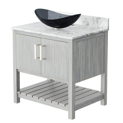 Novatto 30-inch bathroom vanity with Carrara White marble counter and integrated sink, sleek modern accessory for bathroom decor.