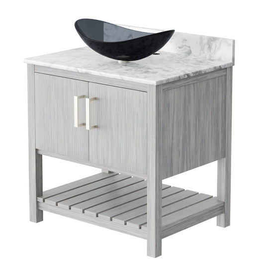 Novatto 30-inch bathroom vanity with Carrara White marble counter and integrated sink, sleek modern accessory for bathroom decor.