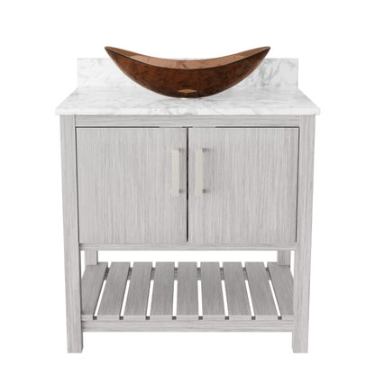 Novatto 30-inch bath vanity with Carrara white marble countertop and sink, modern bathroom accessory with sleek design.