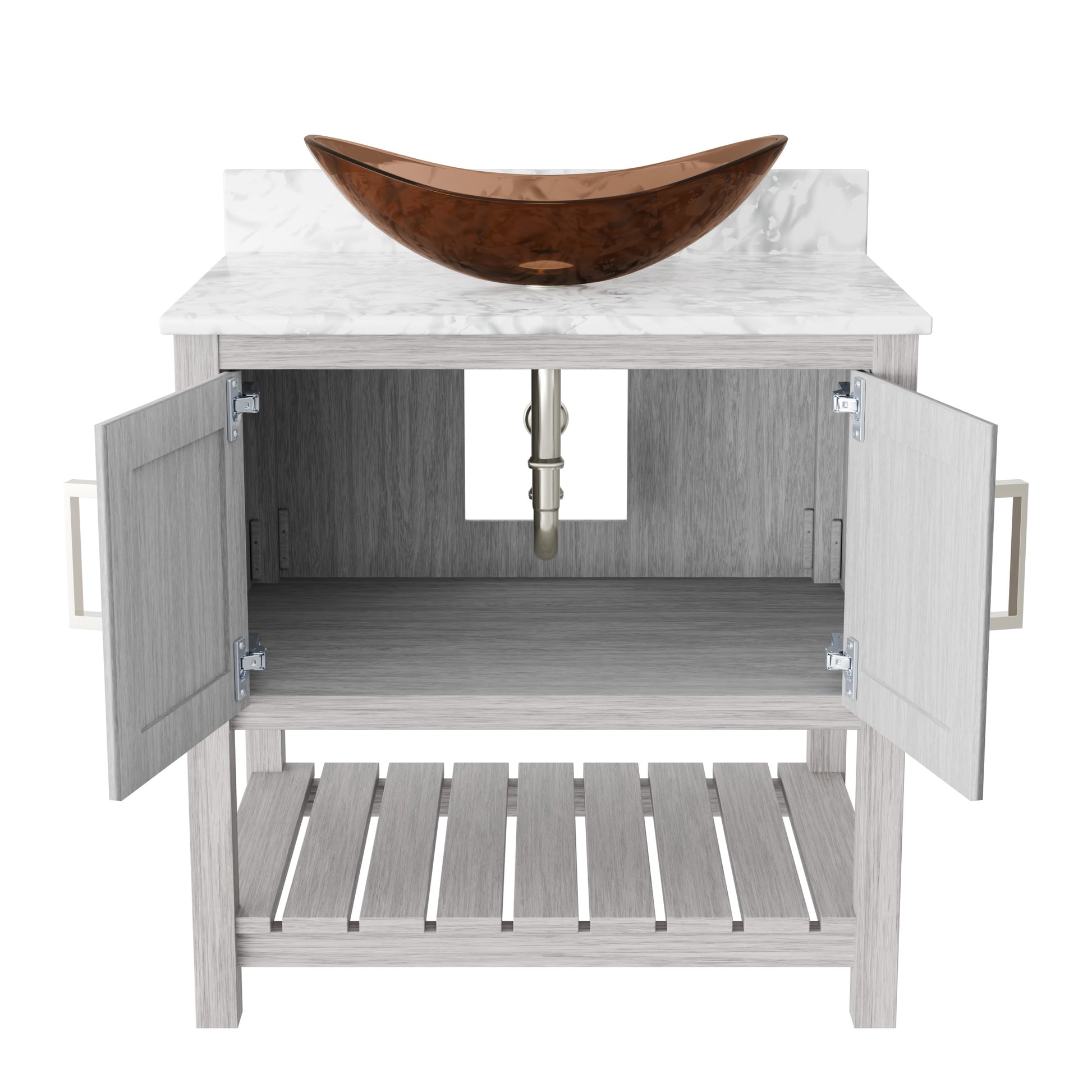 30-inch Novatto bath vanity with Carrara white marble countertop and integrated sink, showcasing elegant bathroom accessory design.
