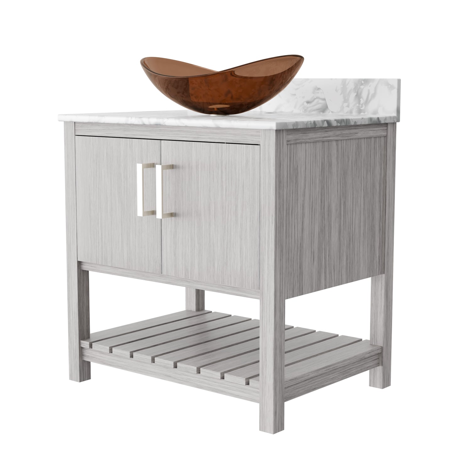 Novatto 30-inch bath vanity with Carrara white marble counter and sink, showcasing sleek bathroom accessory design.
