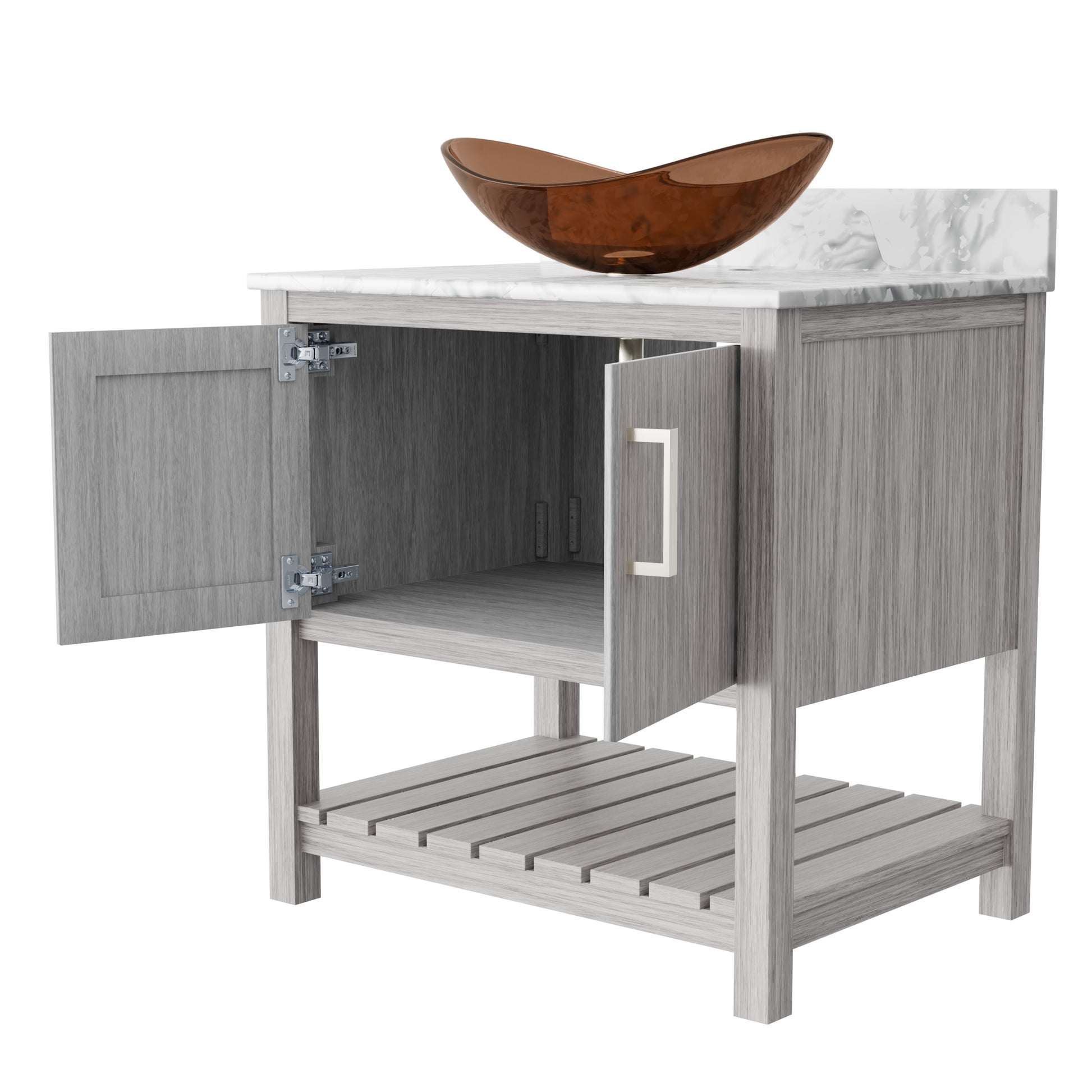30-inch Novatto bathroom vanity with Carrara white marble countertop and sink, showcasing elegant bathroom accessory design.