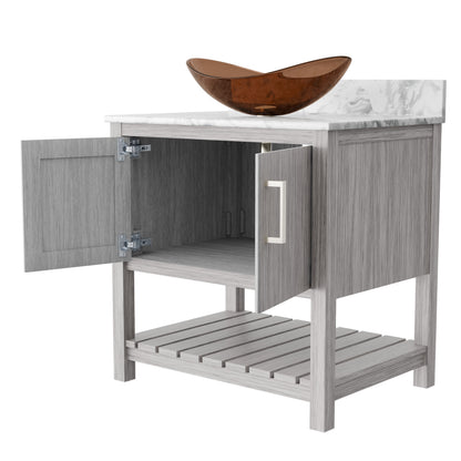 30-inch Novatto bathroom vanity with Carrara white marble countertop and sink, showcasing elegant bathroom accessory design.