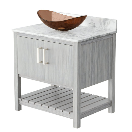 Novatto 30-inch bath vanity with Carrara white marble counter and integrated sink, modern bathroom accessory.