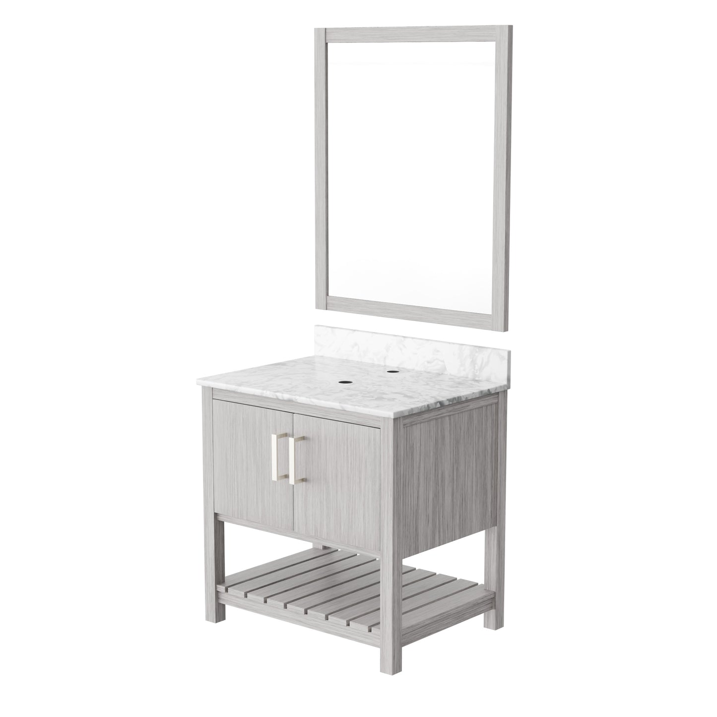 30-inch Novatto vanity with Carrara white marble countertop, showcasing a modern bathroom accessory with elegant stone details.