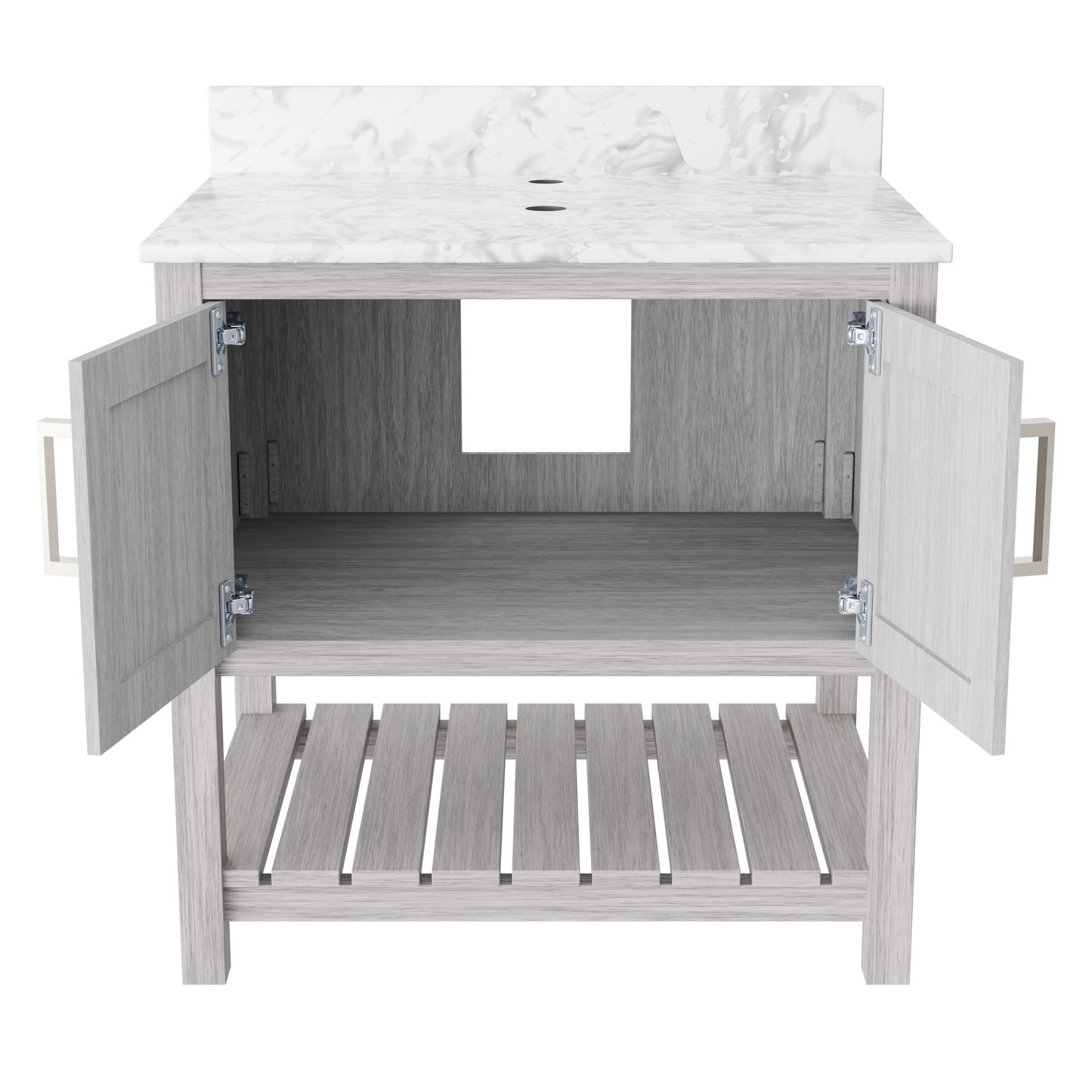 30-inch Novatto vanity with Carrara white marble counter, showcasing sleek design and polished surface.